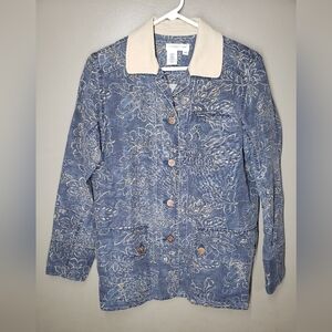 Coldwater Creek Womens Blue Beige Denim Jacket Floral Size XS Linen Cotton